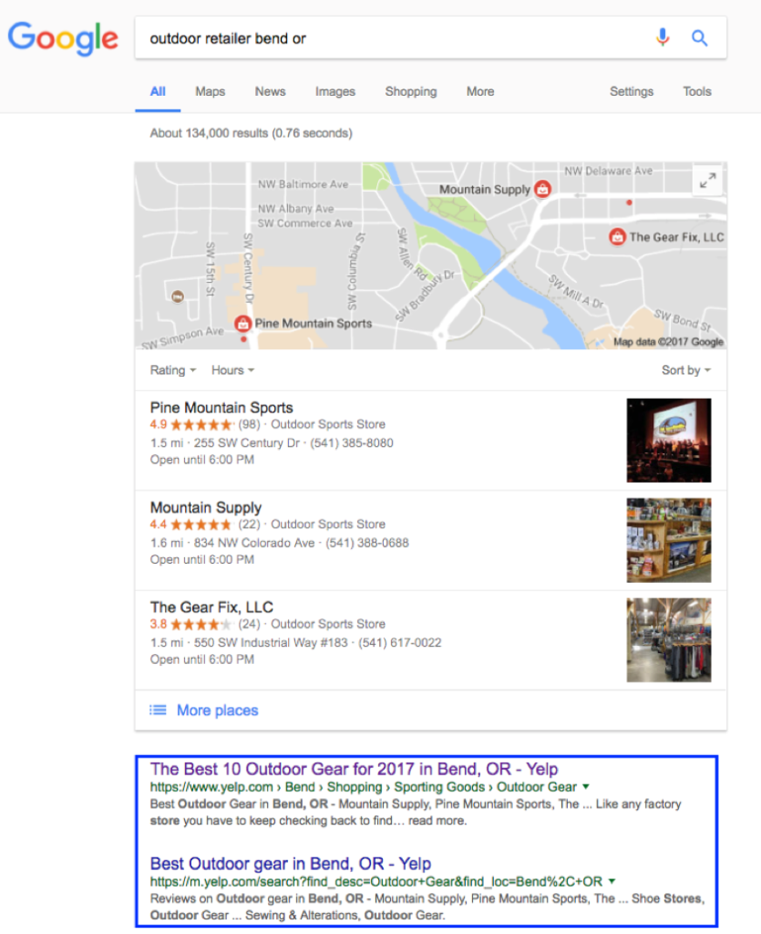 Yelp local search results